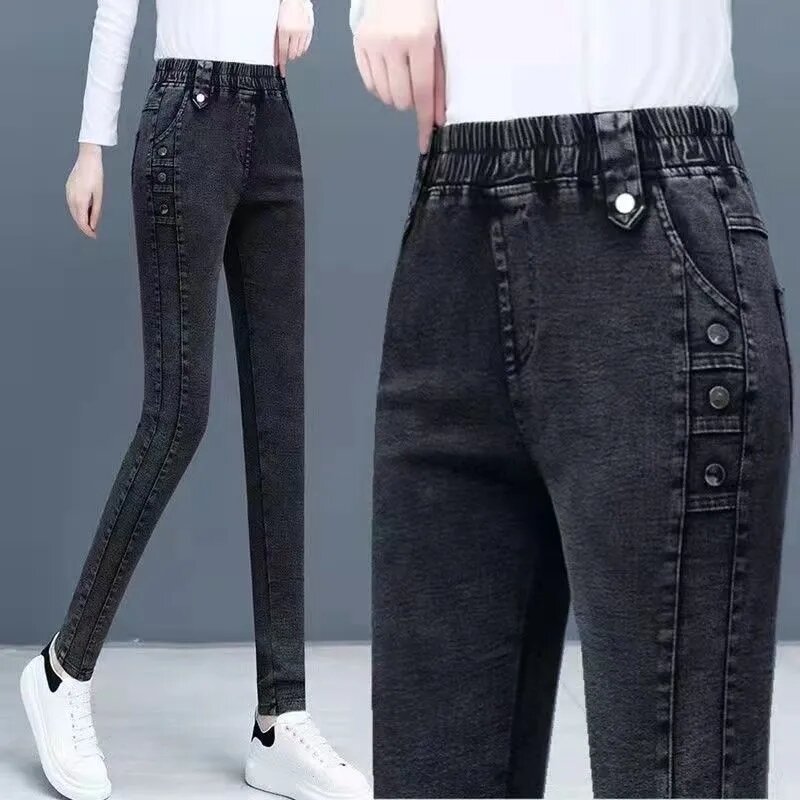 Calça jeans de cintura alta de pelúcia feminina, fina, elástica, quente, grossa, jeans casual, primavera, outono, nova, 2022