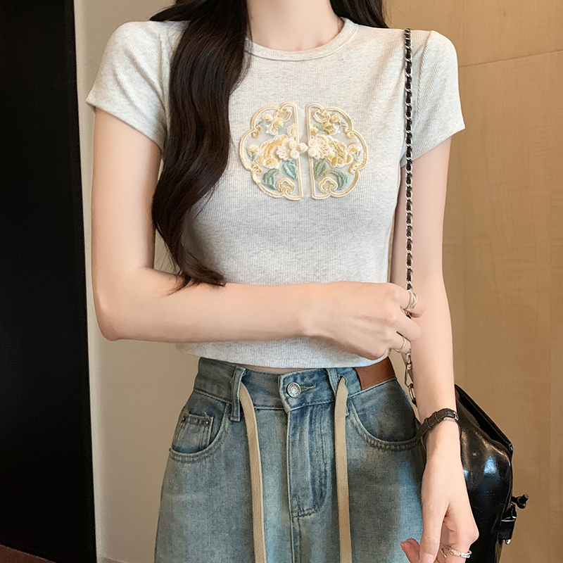 LKSK-Camiseta de manga corta con cuello redondo de estilo chino para mujer, Top corto ajustado para chica pequeña, dulce y picante, novedad de verano