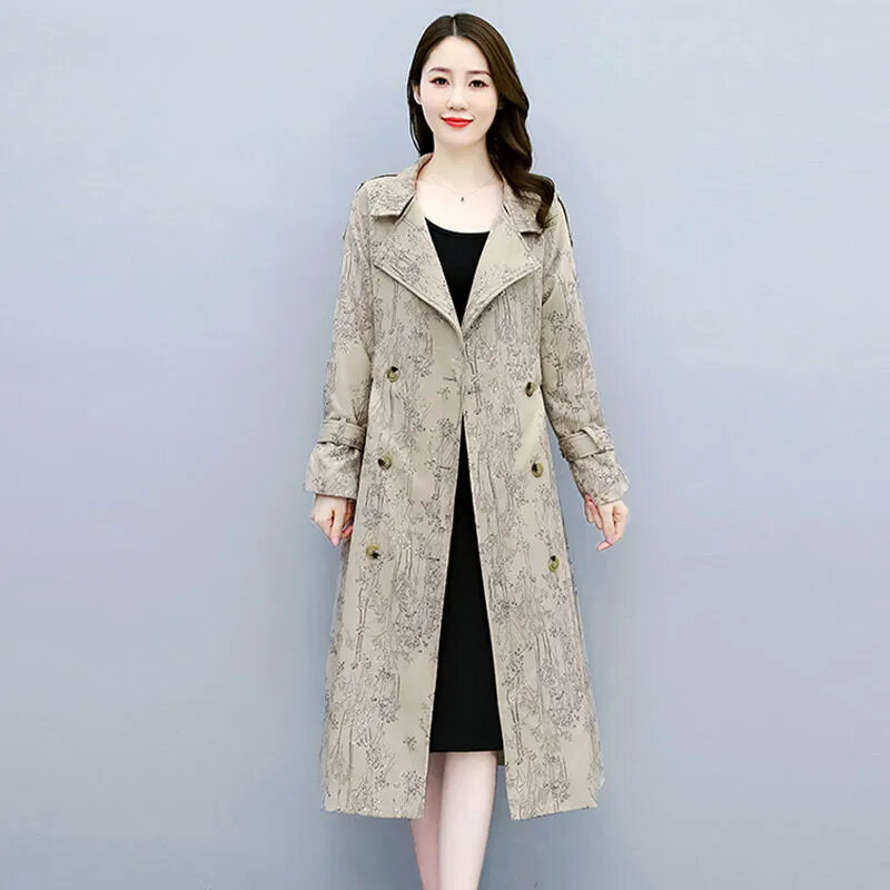 Gabardina larga con estampado para mujer, abrigo holgado de doble botonadura con cinturón, a la moda, primavera y otoño, 2024