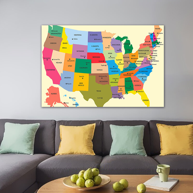 Peta Amerika Serikat Dalam Bahasa Inggris 150*100Cm Lukisan Kanvas Poster Seni Dinding dan Cetakan Perlengkapan Kantor Ruang Tamu Dekorasi Rumah