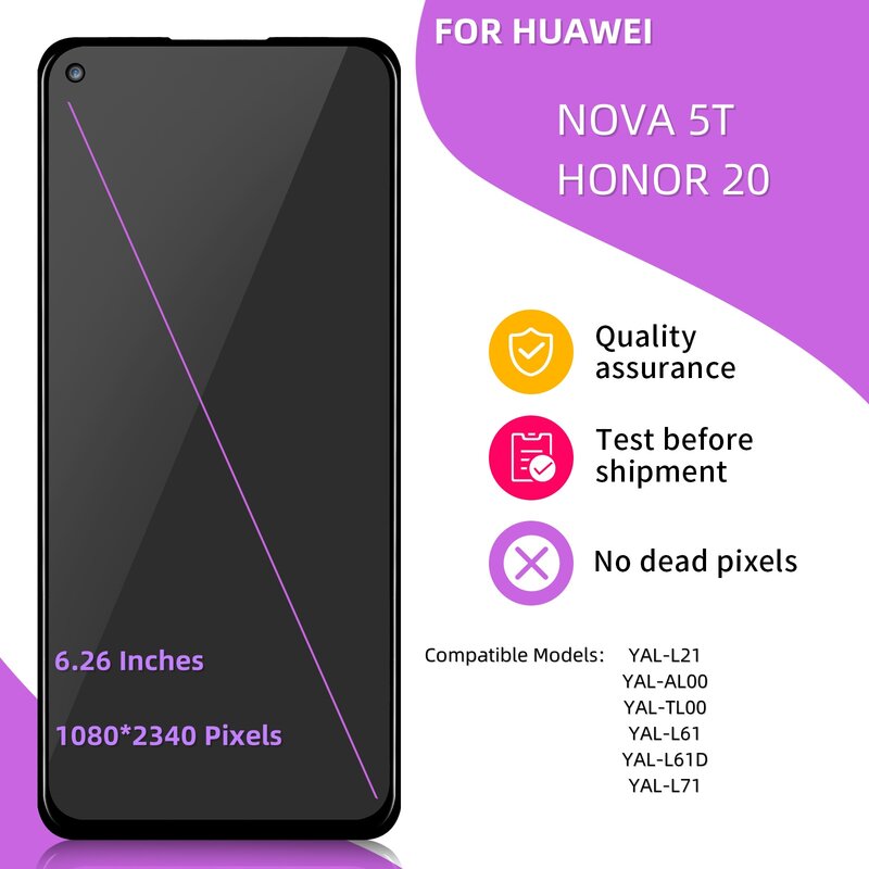 Huawei用デジタイザー付きタッチスクリーン,スペアパーツ,Honor 20, Nova 5t,YAL-L21, YAL-AL00, YAL-L71