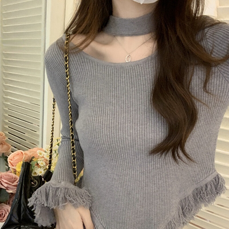 แขนยาว Pullovers ผู้หญิงฤดูใบไม้ร่วงฤดูหนาวพู่แฟชั่น Halter Tender ทึบเกาหลี Vintage Casual Streetwear Chic