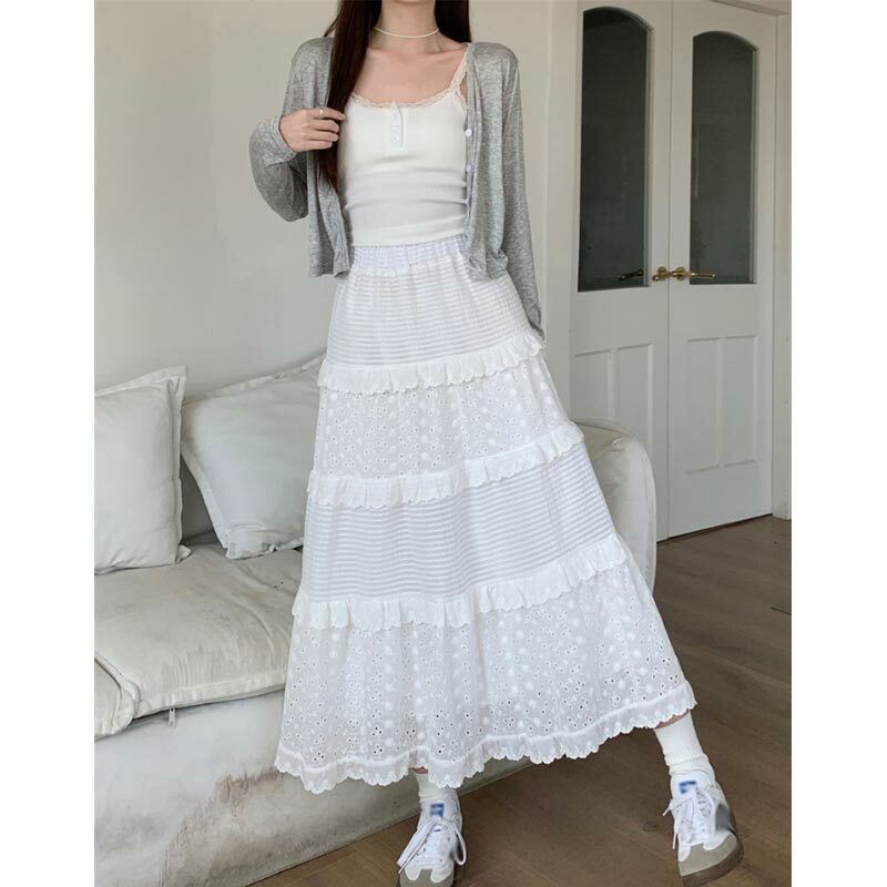 Lace White Long Skirt for Women Spring Summer High Waist A-Line Skirt Sweet A Line Cake Midi Skirts Y2k Female Clothing