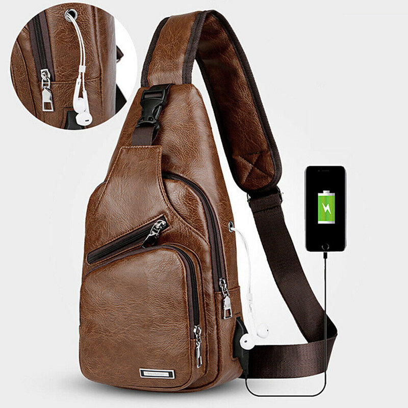 Men Shoulder Bag USB Charging Sports Crossbody Sling Chest Pack Bag Shoulder Bag Sling Chest Pack Sport Outdoor Travel Business