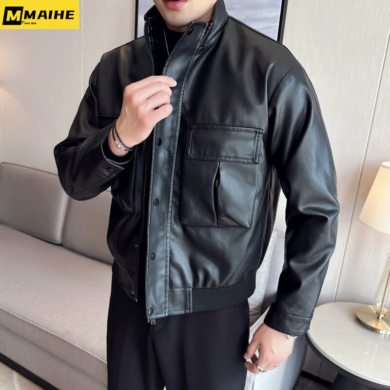 Giacca da uomo in pelle nuova tasca grande di zecca colletto alla coreana Slim-fit abbigliamento locomotiva cappotto antivento di qualità calda Plus Size M-4XL