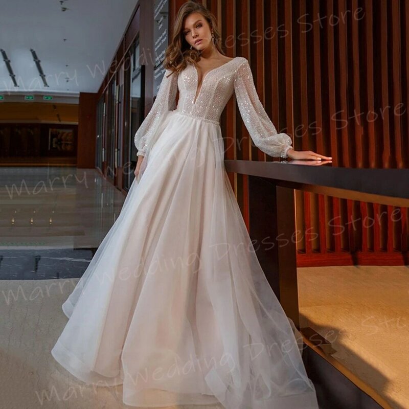 Graceful Shiny A Line Women's Wedding Dresses Sexy Classic Deep V Neck Bride Gowns Generous Long Sleeve Vestidos De Novia Lujo