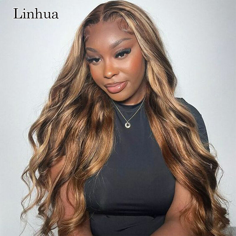 Llinhua Body Wave 13x4 Transparent Lace Frontal Highlight P4/27 4x4  5x5 Lace Clsoure Human Hair Ombre Brown Honey Blonde Color