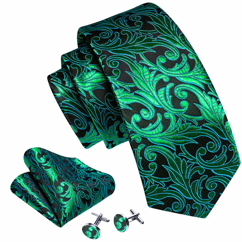 Luxury Mens Ties Set Green Leaves Floral Paisley Striped Neck Tie Handkerchief Cufflinks Wedding Free Shipping Barry·Wang 6470