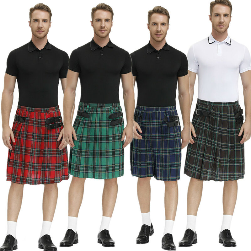 Мужская традиционная плиссированная юбка в шотландскую клетку с ремнем, двусторонняя цепочка, готические панковские юбки в стиле хип-хоп, Ранд