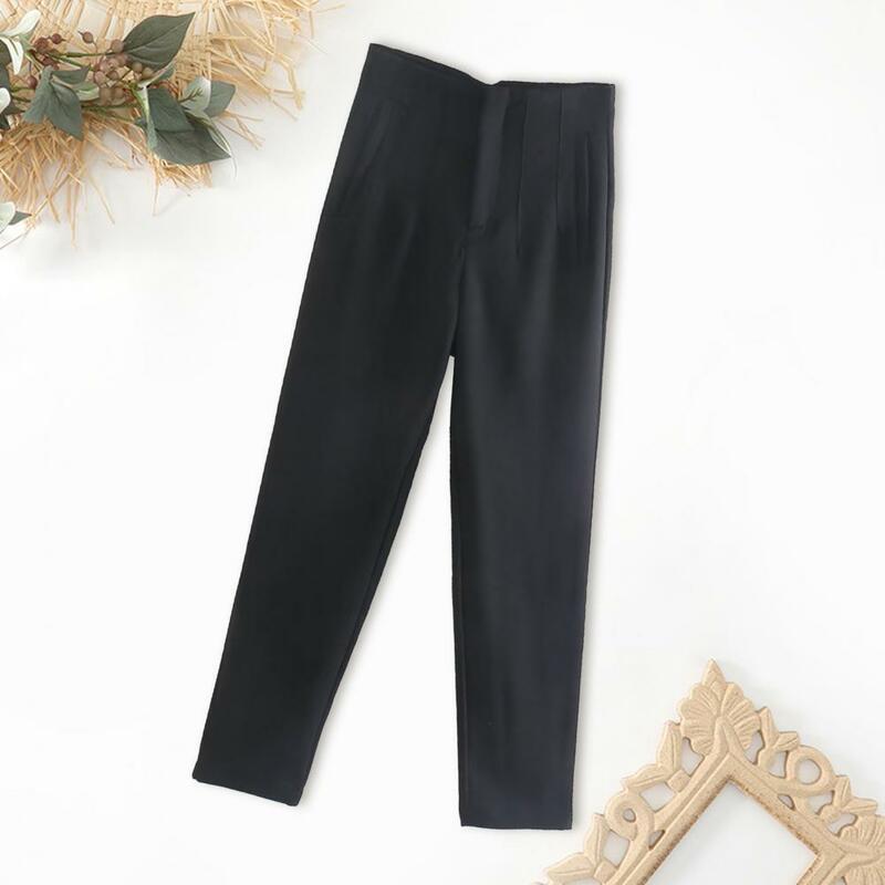 Calças femininas de escritório de cintura alta, calças retas com bolsos, streetwear longa, elegante, monocromática
