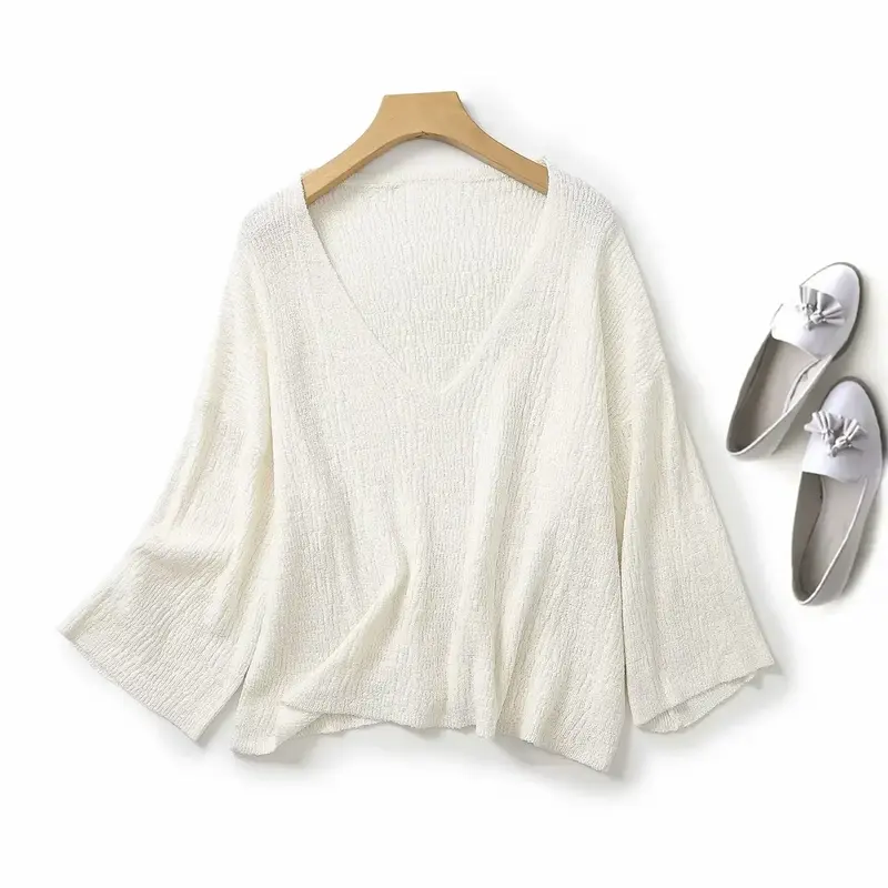 Suéter de malha casual feminino solto, pulôver retrô com decote v, manga cortada, top chique, moda outono, 2023