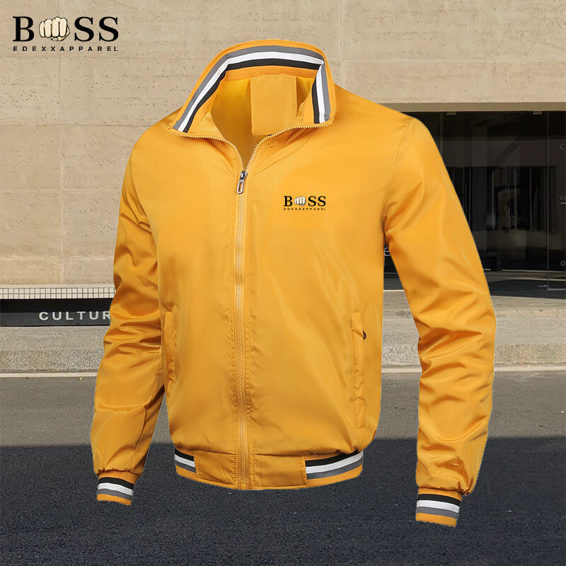 BSS jaket ritsleting kasual pria, jaket olahraga luar ruangan kerah berdiri musim gugur/musim dingin, jaket tahan angin pria