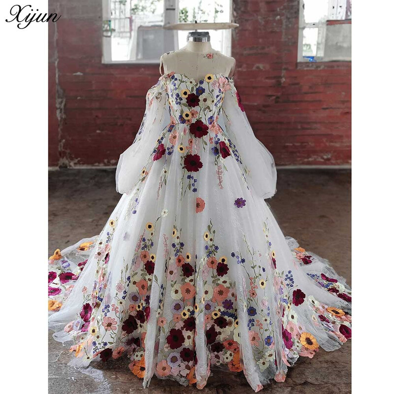 Xijun-おとぎ話のチュールのプリンセスのウェディングドレス、ピンハートチュール、花のアップリケ、長いプロムのドレス、花嫁のパーティーのガウン