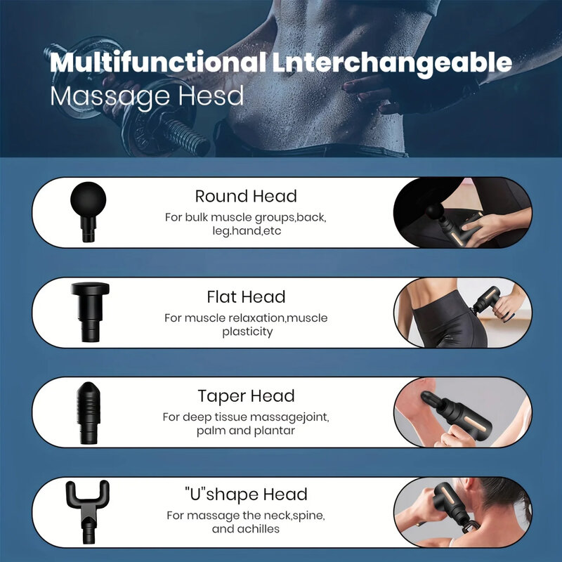 Pistola de massagem Fascial elétrica portátil, massageador de percussão, relaxamento corporal, tela sensível ao toque LED, 4 cabeças substituíveis