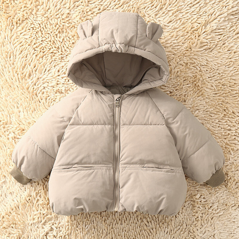 Mantel bulu angsa untuk bayi, jaket Luaran tebal musim dingin 2023, pakaian salju parka katun bertudung polos untuk anak laki-laki dan perempuan