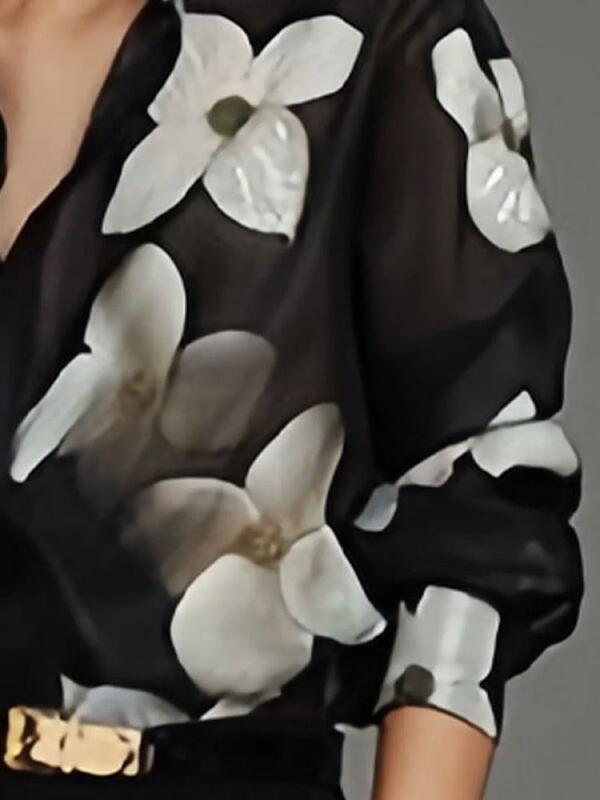 Freeacy Urban Women's Elegant Shirt Top Flower Printed Lapel Long Sleeve Buttoned Female Blouses 2024 Spring Summer New Shirts