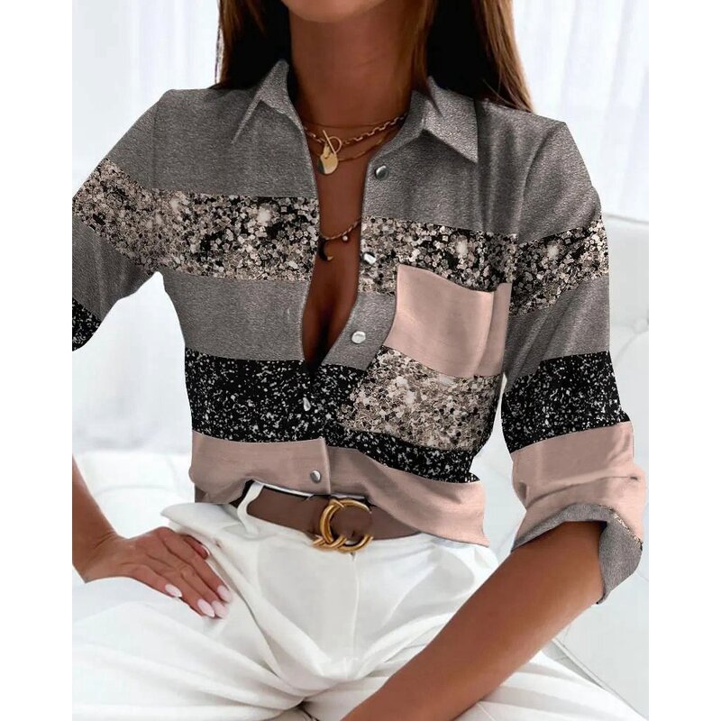 Women Striped Colorblock Long Sleeve Blouse Female Turn-down Collar Casual Shirts 2023 Autumn Elegant Outfits Korean Style