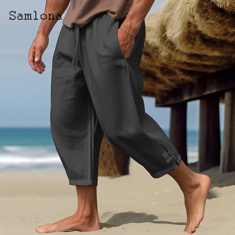 2023 Men Elegant Fashion Buckle Cuff Linen Pants Solid White Ankle-Length Trouser Plus Size Mens Casual Drawstring Sweatpants