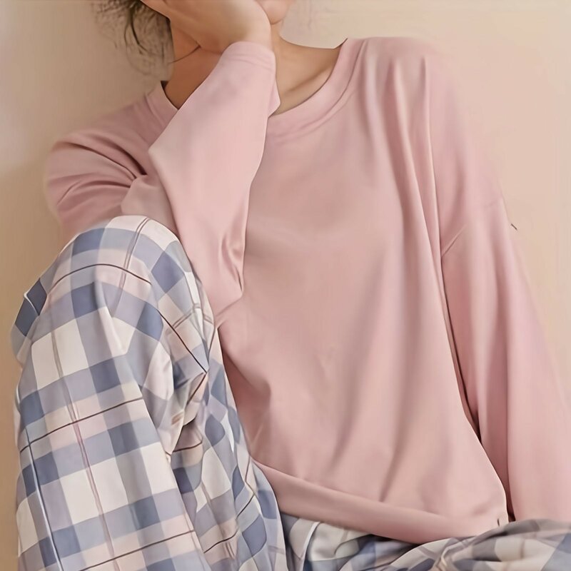 Хлопковая одежда для сна с длинным рукавом, удобный женский пижамный комплект, ночная рубашка, домашняя одежда для подростков, Женский комплект нижнего белья, клетчатые брюки