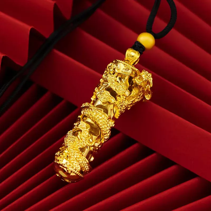 Herren 24 Karat vergoldet chinesische Loong Säule Anhänger Vietnam Sand Gold platte Drachen Säule zylindrisch großen Anhänger für Männer Geschenk