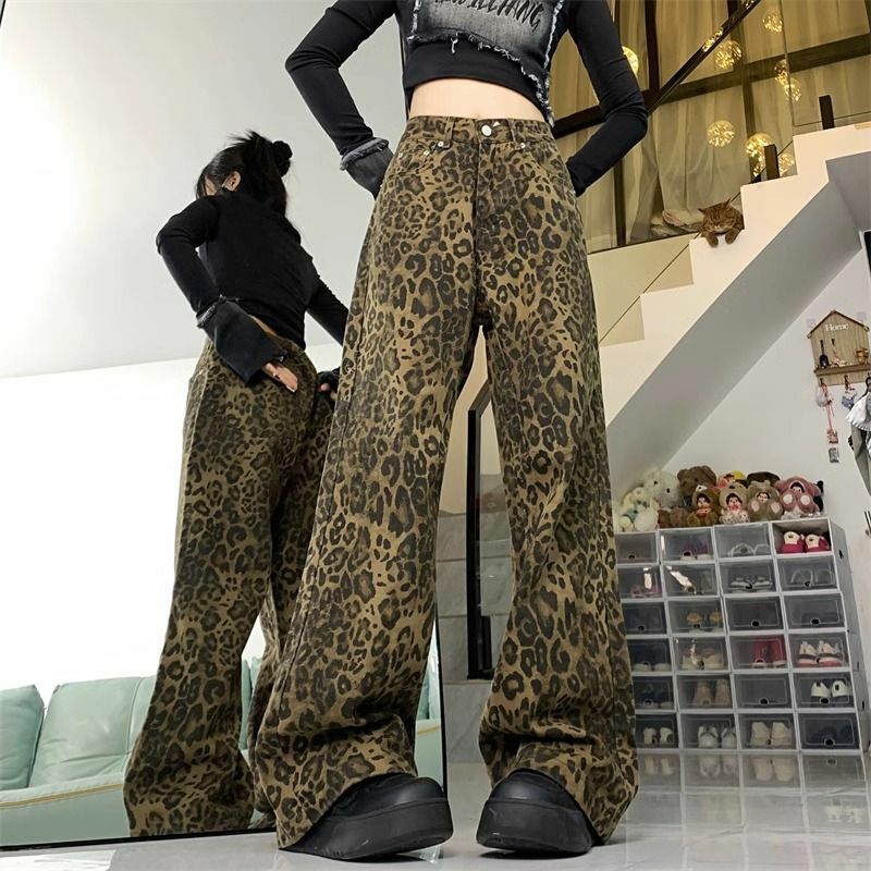 Celana panjang Jeans motif macan tutul wanita, celana panjang lurus Retro modis kasual gaya Eropa dan Amerika 2024