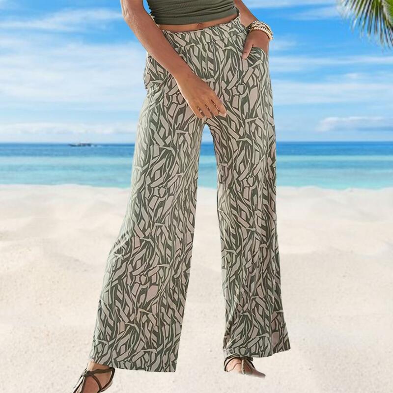 Casual Trousers Stylish Women's Elastic Waist Wide Leg Pants with Pockets Casual Spring Summer Trousers for Vacation Work Ladies