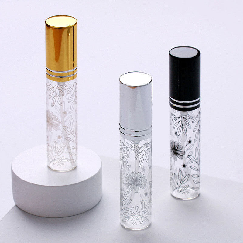 5pcs/Pack 10ml Leaf Printed Refillable Perfume Bottle Spray Pump Glass Cosmetic Atomizer Bottle Empty Liquid Fragrance Container