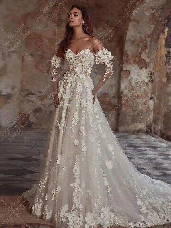Luxury A Line Wedding Dresses Woman's Pastrol 3D Flowers Lace Applique Sweetheart Bride Gowns Elegant Princess Vestidos De Novia