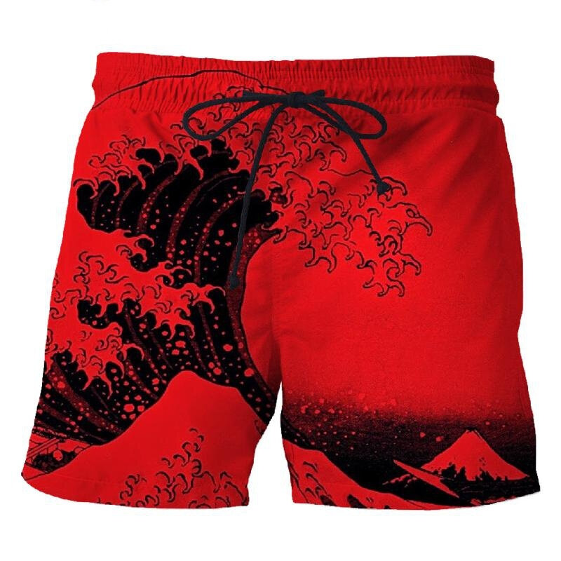 Celana pendek pantai gaya Jepang pria, pakaian olahraga luar ruangan cepat kering cetak 3d gelombang laut