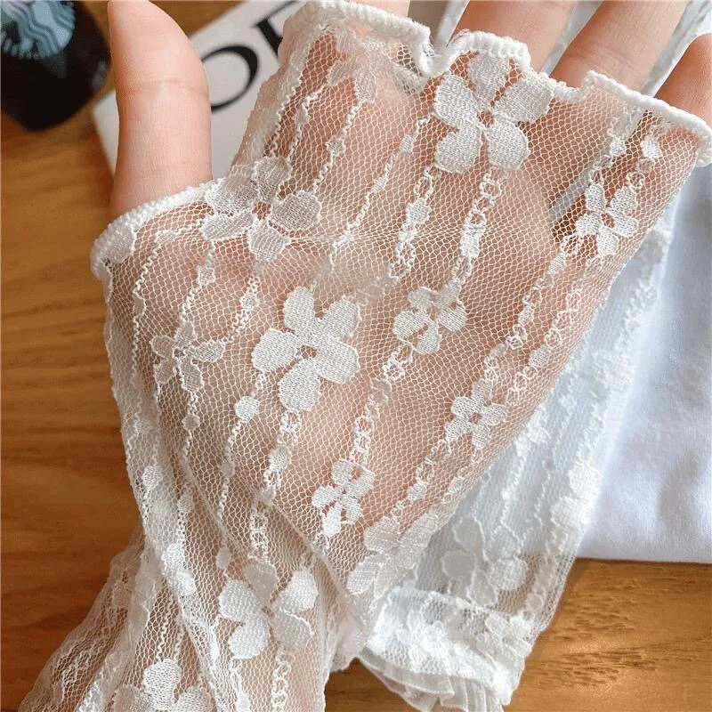 Lace Long Fingerless Gloves Women Mesh Hollow-Out Embroidered Sun Protection Sleeves Summer Shade UV Breathable Ice Silk Mittens