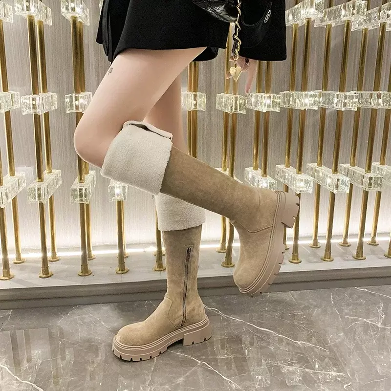 2023 Hot Sale Shoes Female Sleeve Women's Boots Autumn Round Toe Solid High Tube Chunky Heels Knight Boots Zapatillas De Mujer