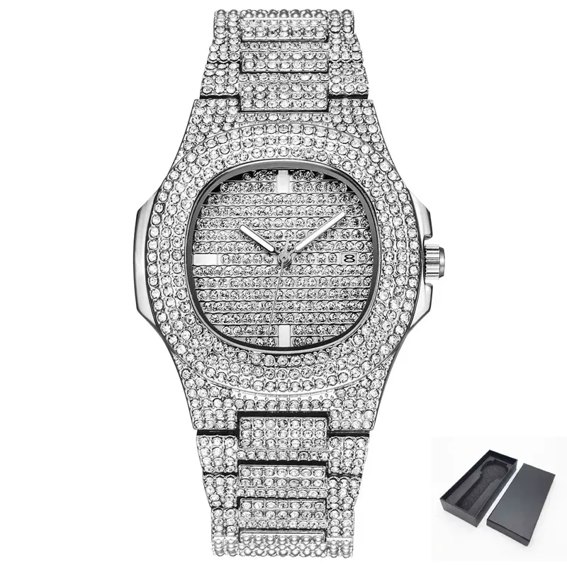 Часы наручные мужские кварцевые в стиле хип-хоп, серебристые, со стальным браслетом
