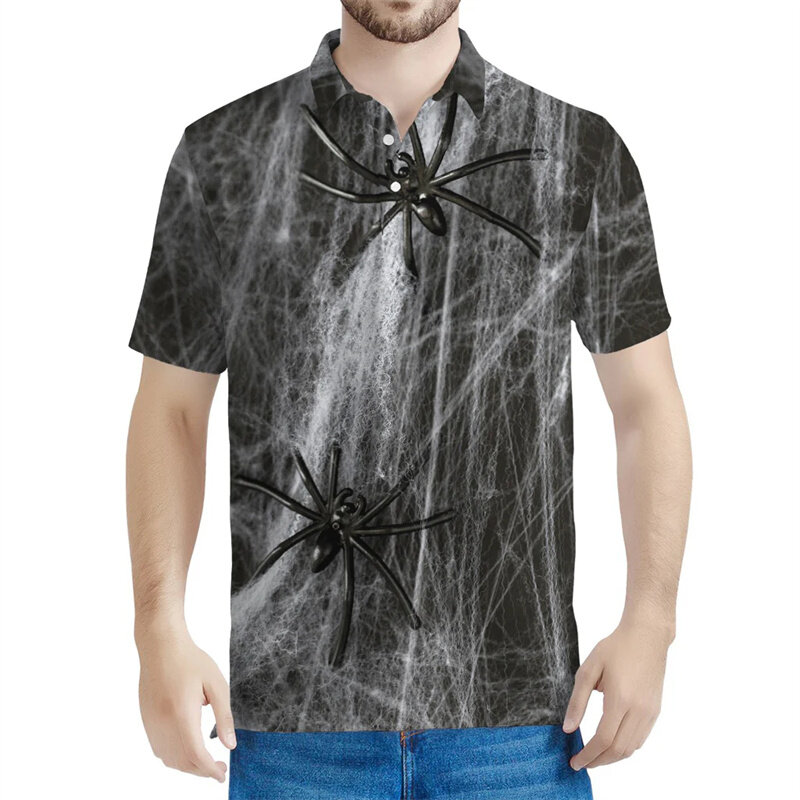 Kaos Polo pola horor Cobweb pria, kemeja lengan pendek motif laba-laba 3D kasual kancing jalanan musim panas