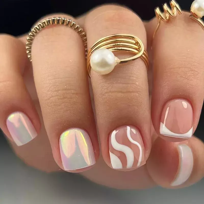 24 stücke kurzer Sarg gefälschter Nagel Glitter drücken auf Nägel rosa Design Französisch falscher Nagel mit Französisch Stick auf Nägeln volle Acryl spitzen