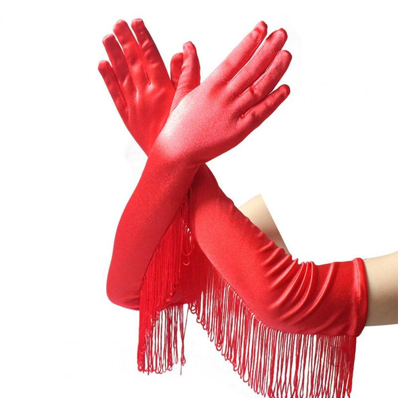 1 Pair Performance Gloves Solid Anti-slip Fashion Latin Nylon Popular Accessory Stretchy Long Fringe Tassel Gloves for Stage