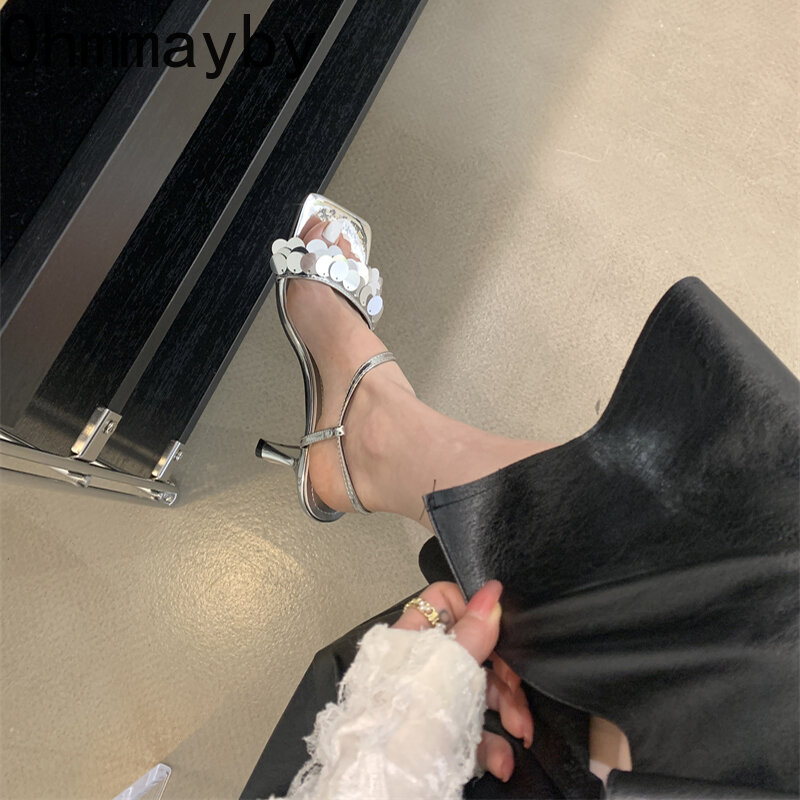 2024 Musim Panas Gladiator sandal wanita mode elegan payet sepatu jari persegi wanita gaun pesta luar ruangan sandal hak tinggi