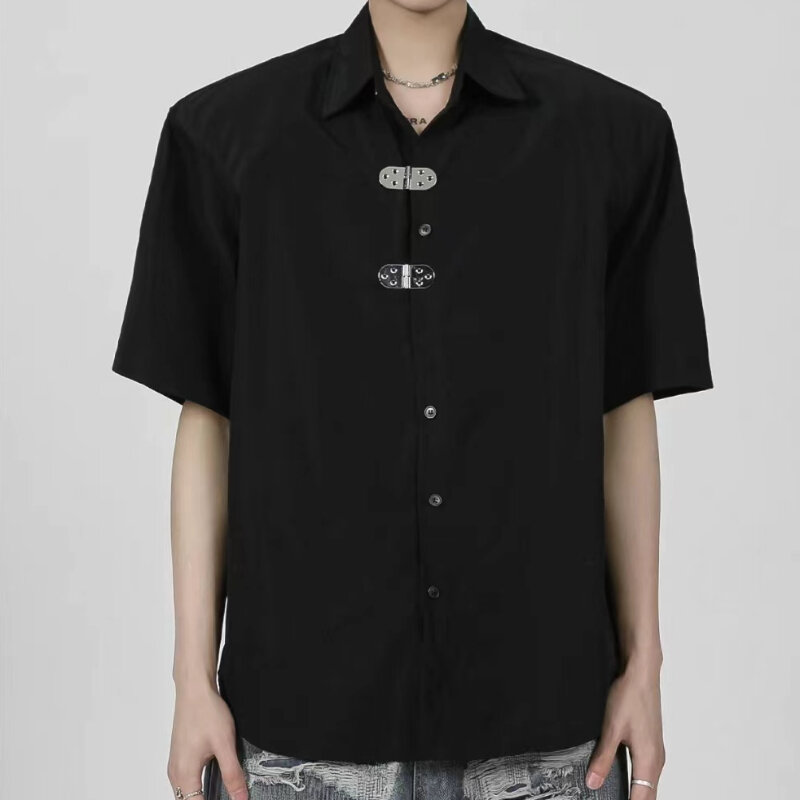 Harajuku camicie da uomo bottone solido puro Hip Hop Ins Summer Chic Design in stile coreano All-match Casual Top colletto rovesciato Retro