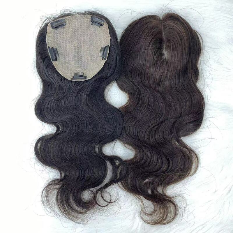 15x16cm europeu cabelo humano topper ondulado base da pele de seda peruca virgem extensão do cabelo com grampos em hairpieces para sobreposição feminina