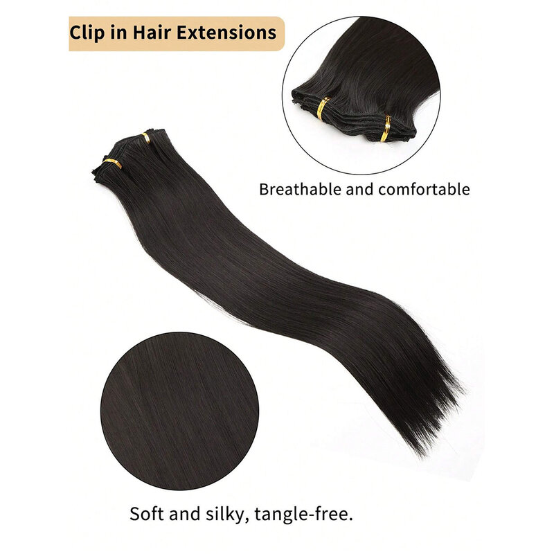 Ekstensi rambut lurus panjang wanita, ekstensi rambut hitam 24 "/60cm 140g 6 buah/set, klip kepala penuh sintetis 16 klip bahan serat tahan panas Ombre
