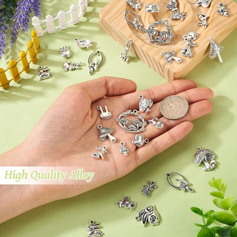 114pcs Cute Alloy Rabbit Mushroom Pendant Antique Silver Color for Jewelry Making DIY Handmade Bracelet Necklace Key Chain Craft