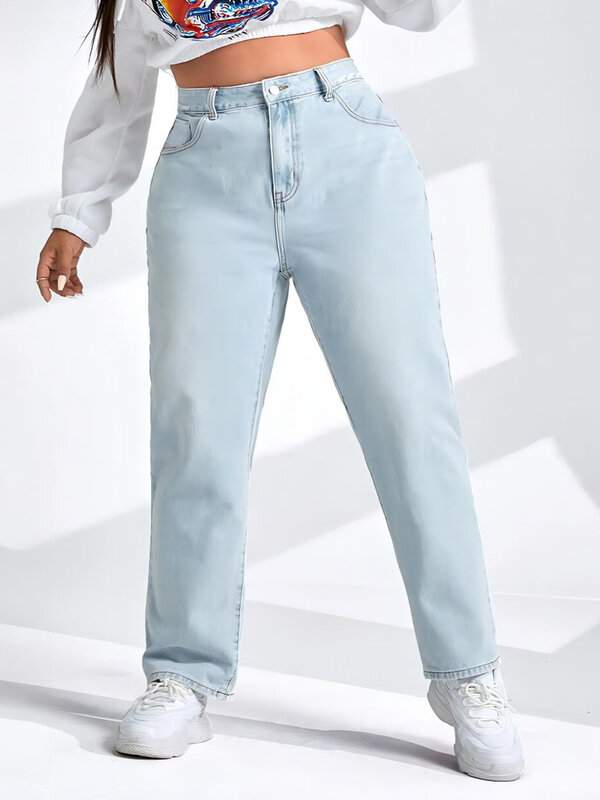 Mais tamanho afilado calças de brim femininas cintura alta luz bule lavagem comprimento total calças de brim harem 2023