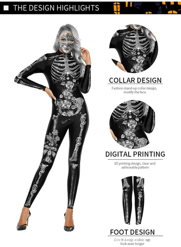 Traje de esqueleto assustador para mulheres, traje de Halloween, impressão 3D, traje elástico, macacão de desempenho, osso do crânio