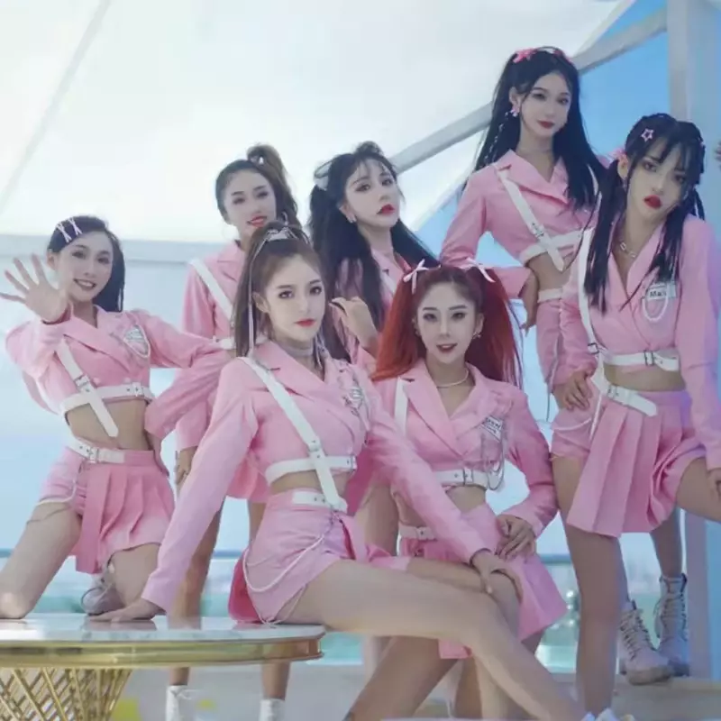 한국 소녀 그룹 댄스 의상, 재즈 댄스 의상, 핑크 JK 세트 탑 스커트, 무대 현대 무용 의상, XS3209