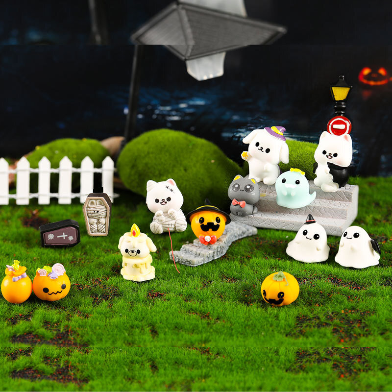 Mini Halloween Ornaments Set, Brinquedo em miniatura, Miniatura Dollhouse, Zumbi, Gatinho, Morcego, Fantasma, Doces, Abóbora, Cruz, Micro Landscape Decor, 1 conjunto