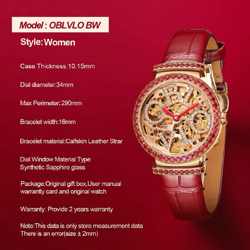 OBLVLO jam tangan mekanis otomatis wanita, arloji kerangka kulit sapi tali kulit safir kristal tahan air 34mm BW