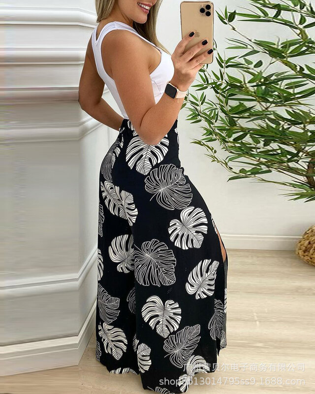 Summer Casual Two Piece Set Women Outfits 2024 Solid Cut-Out Tank Top and Tropical Print Split Wide Leg Pants Set Women Clothes