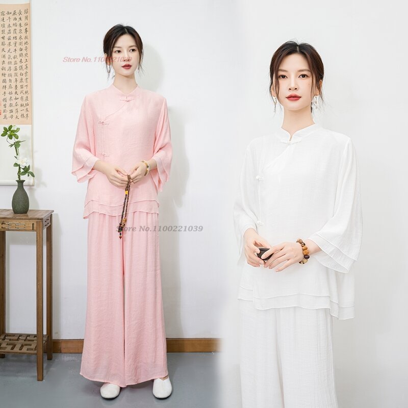 2024 Традиционный китайский винтажный комплект, Воздухопроницаемый хлопковый льняной чайный сервиз, набор топов и брюк для медитации hanfu, для йоги, для прогулок на открытом воздухе