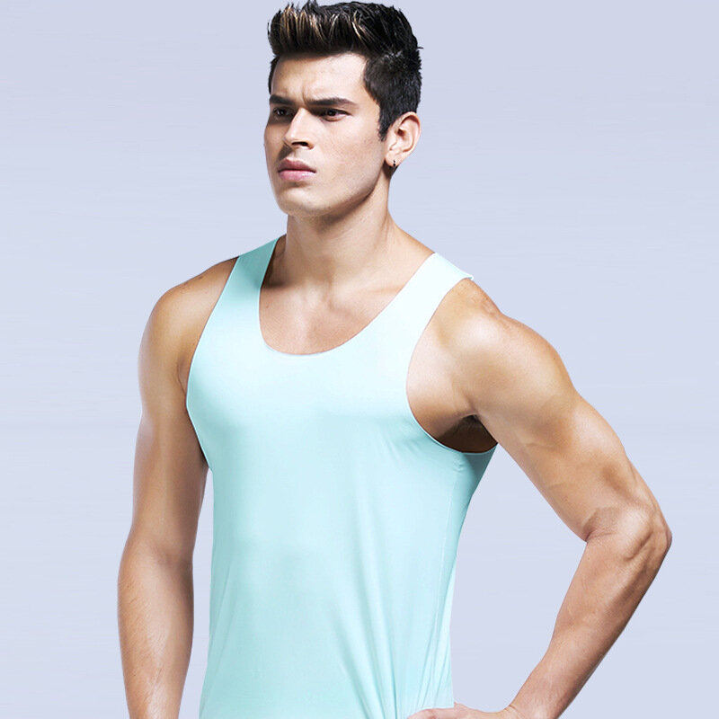 Ice Silk Mens Solid Color Tank Tops Sexy U Neck Sleeveless Vests Male Seamless Youth Elastic Fitness Casual Undershirt Singlets