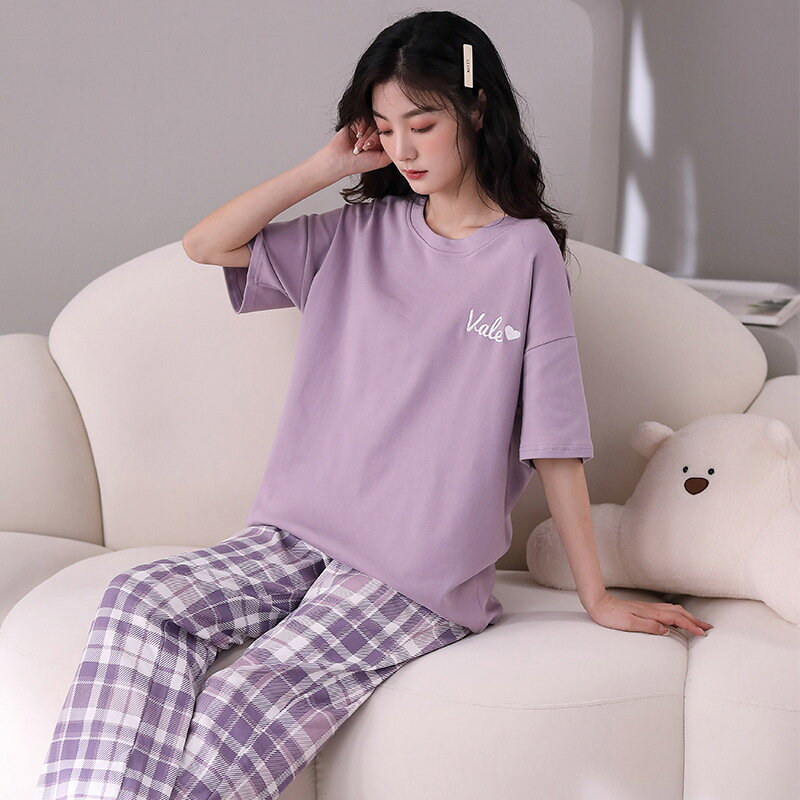Fdfklak Pajama Women Spring Summer Short-sleeved Trousers Cotton Sleepwear Casual Wear Women Cute Cartoon Home Service Suit XXL