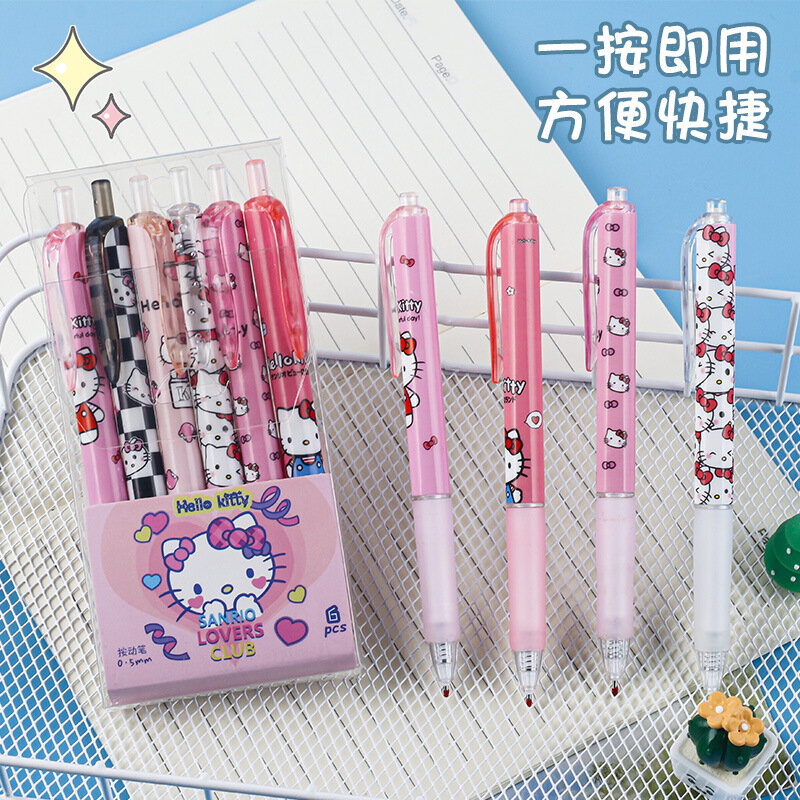 Sanrio-Bolígrafo de Gel de secado rápido, 6 piezas, Hello Kitty, dibujos animados, Kuromi ST, negro, 0,5mm, papelería de aprendizaje, regalos